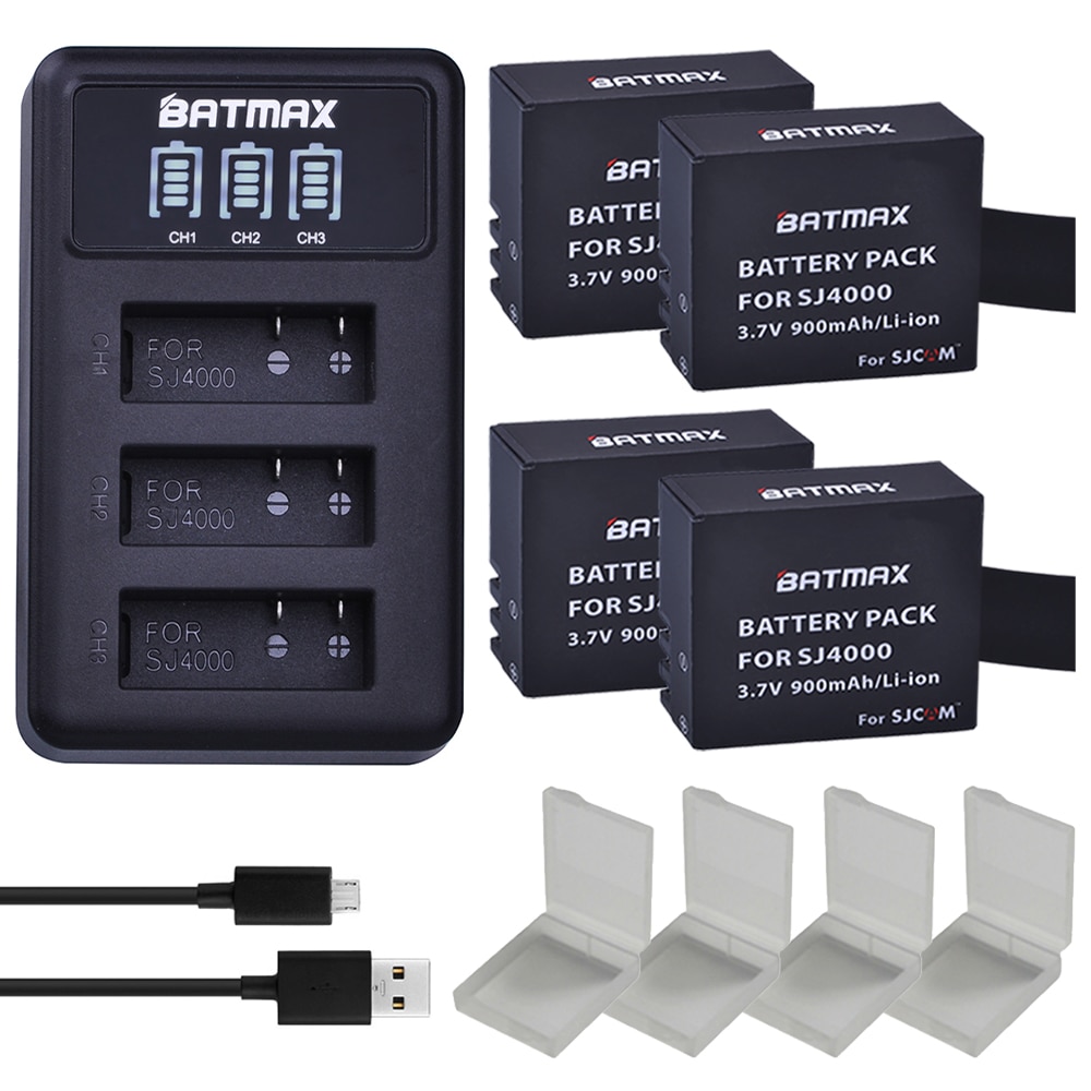 Batmax 4Pcs New SJCAM SJ4000 Bateria + LED Porta USB Carregador para...