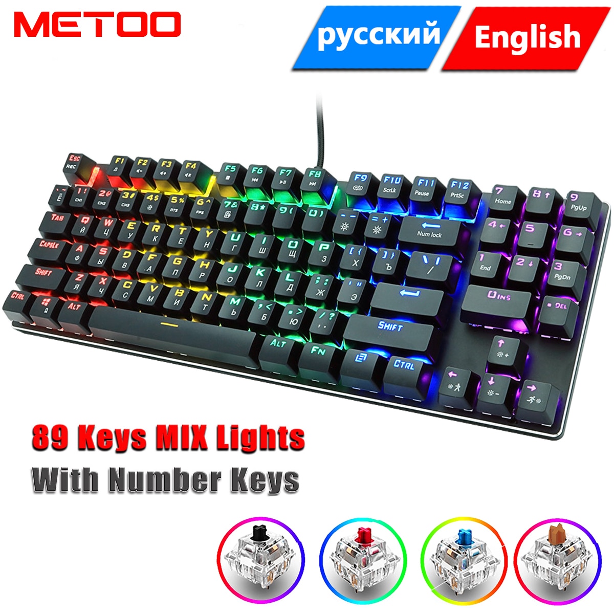 Metoo-teclado mecânico com fio 89 teclas, teclado retroiluminado, anti-ghosting, azul, vermelho, marrom,...