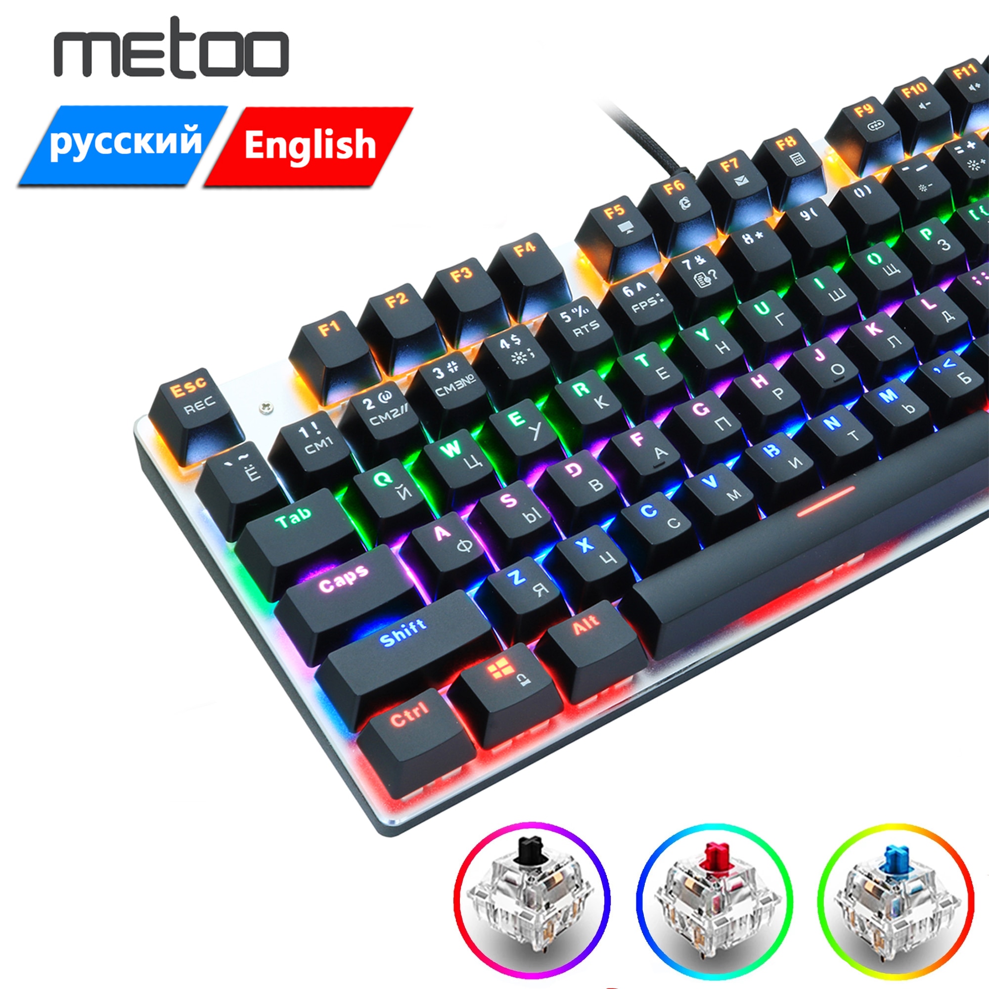 Metoo-teclado mecânico com fio para jogos, 104/87 teclas, led, preto, vermelho, azul,...