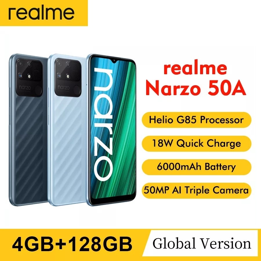 Realme narzo 50a 4gb 128gb versão global telefone inteligente mega 6000mah bateria...