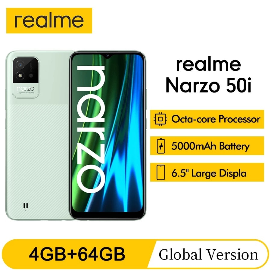 Realme narzo 50i 6.5 powerful 4gb 64gb poderoso octa-core processador 8mp ai...