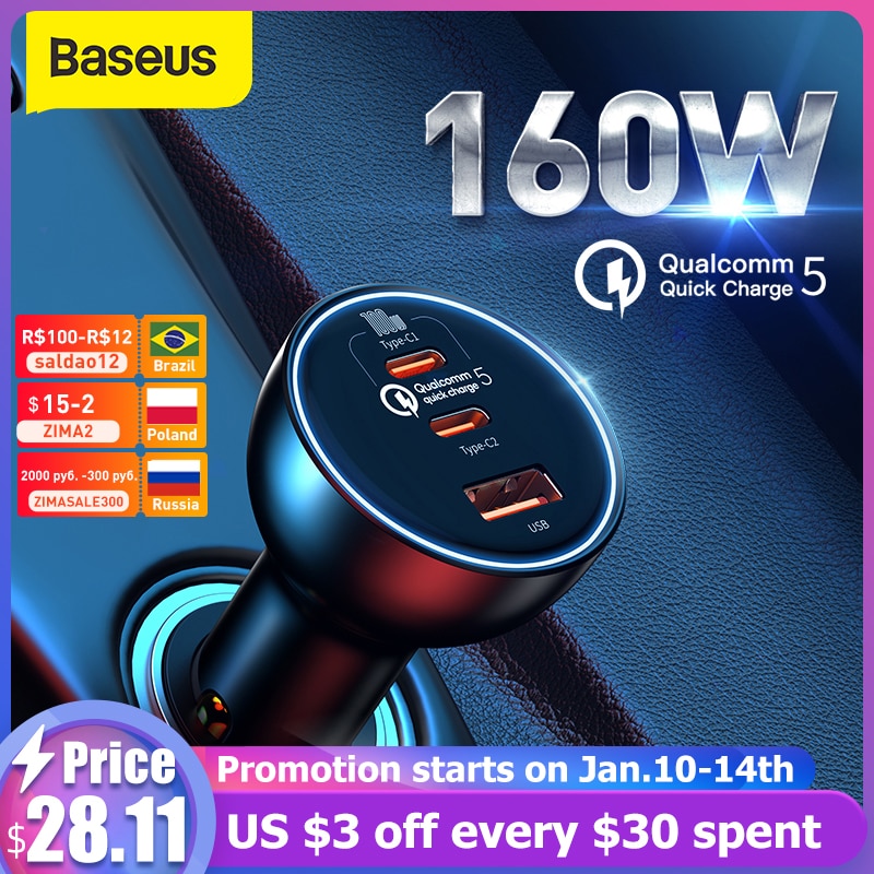 Baseus 160w carregador de carro qc 5.0 carregamento rápido para iphone 13...