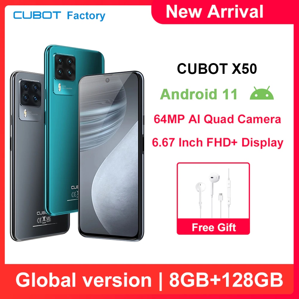Cubot x50 2021 novo smartphone 64mp quad camera 8gb + 128gb 6.67...