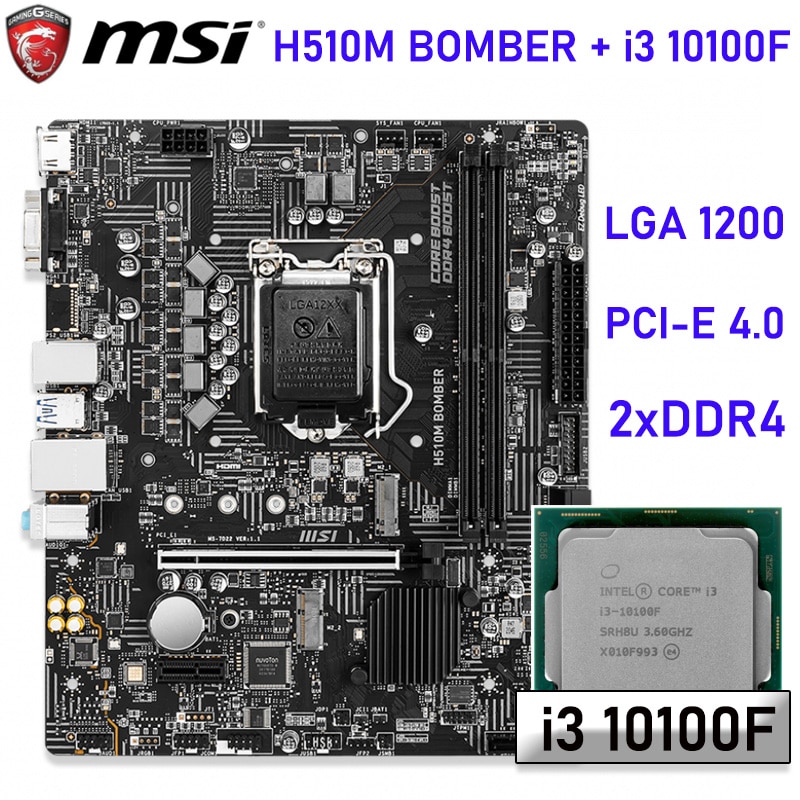 Msi h510m bomber gaming placa-mãe com intel core i3 10100f placa-mãe combo...