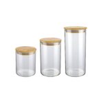 Conjunto com 3 Potes de Vidro Transparente Slim com Tampa Bambu
