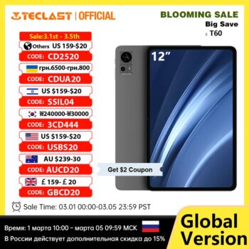 Teclast T60 Android 14 Tablet 12 Polegada 2K 8GB 12GB RAM 256GB ROM T620 Octa-Core 8000mAh-Aliexpress