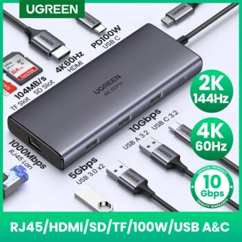 1005003016375106-Ugreen 10Gbps USB C Hub 4K60Hz HDMI RJ45 PD100W