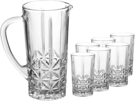 B076VVHXB7-Conjunto de 6 Copos e 1 Jarra de Vidro Sodo Cálcico Rojemac Transparente