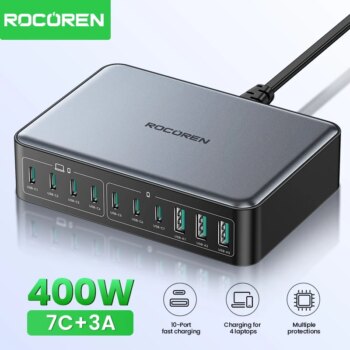 1005007855117488-Rocoren Carregador Desktop GaN 400W com 7 USB-C e 3 USB-A