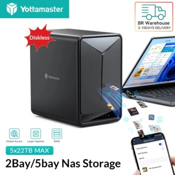 1005008499310157-Yottamaster Armazenamento NAS 2/5 Baias Diskless Até 5x22TB Acesso Remoto