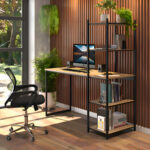 MLB37926934-Mesa Escrivaninha 5 Prateleiras Vintage Design Laminado Preto Madeira Metal T...