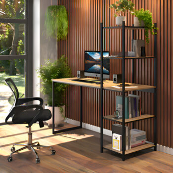 MLB37926934-Mesa Escrivaninha 5 Prateleiras Vintage Design Laminado Preto Madeira Metal T...