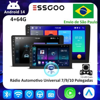 1005009204953211-Essgoo Rádio Automotivo Multimídia Universal Android 14 Carplay 7/9/10"
