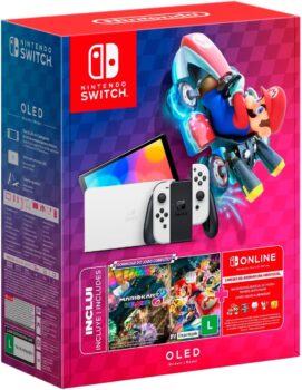 B0D9WTRLTB-Nintendo Switch OLED Branco com Jogo Digital Mario Kart 8 Deluxe e 3 Meses Ni...