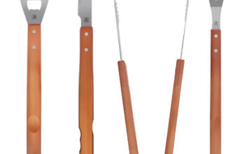 MLB44304311-Kit Churrasco Aço Inox com Cabo de Madeira 4 Peças Cinza