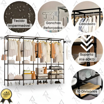 MLB45751291-Rishon Guarda Roupa Dobravel Closet Aberto Arara Organizadora 4 Colunas Aço