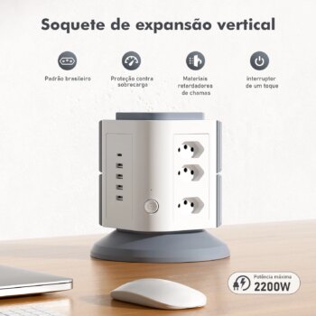 1005010318979890-Extensão Vertical com 9 Tomadas BR + 4 USB + Type-C