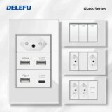DELEFU Tomada Vidro 4×2 USB-C Dupla Wi-Fi Tuya