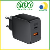 Carregador Ultra Rápido QCY Turbo Gan PD 65w 2 Portas Usb-a + Tipo-c